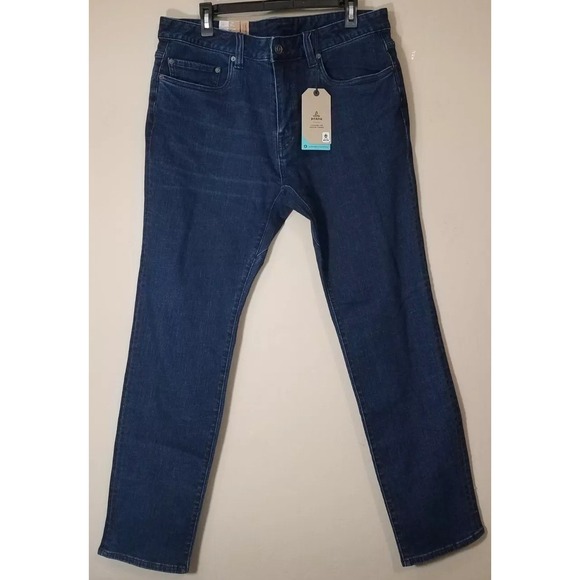 Prana Hillgard Slim Jeans Men 36x32 Tapered Denim Organic Dark Ozone Wash NEW